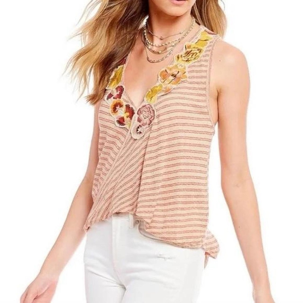 Free People Floral Embroidered Striped Tank Top Sz XS